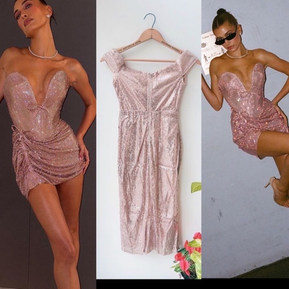 NWT semi formal dress boutique Rose Gold Sequin Off shoulder Midi rose gold S